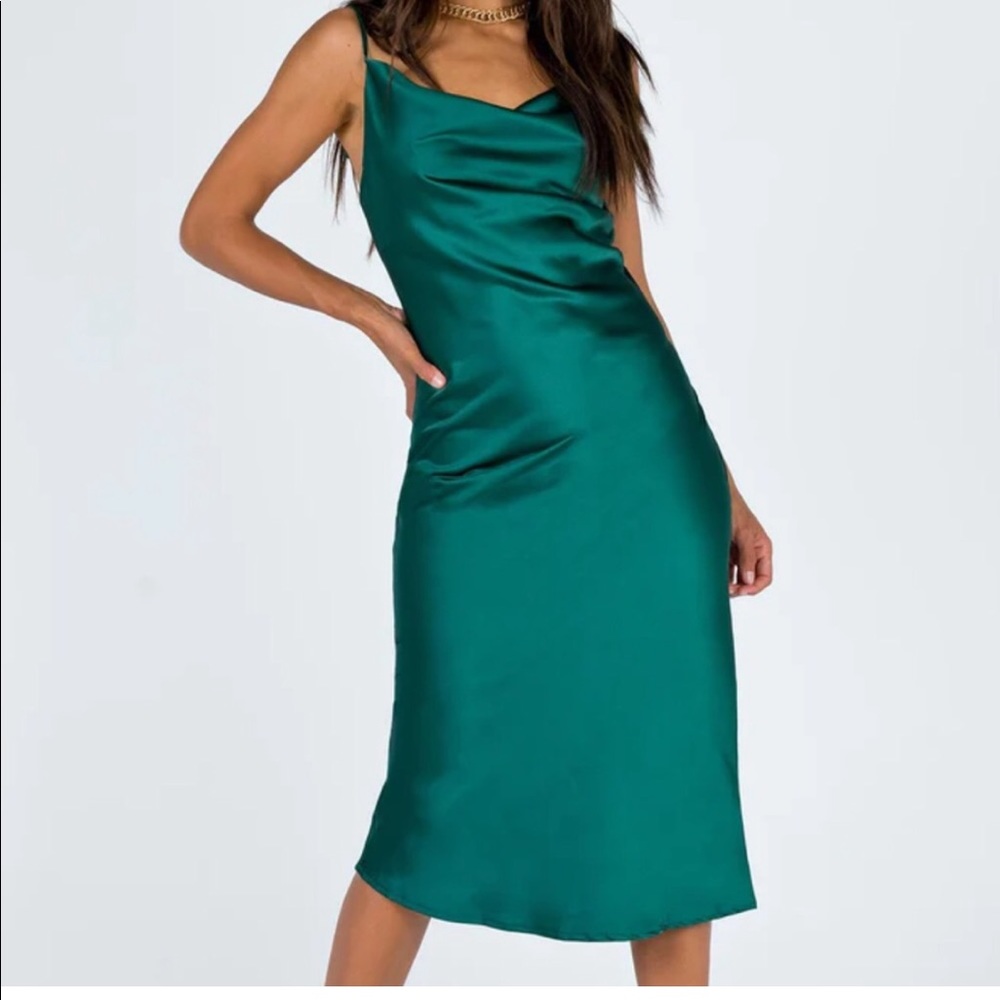 Princess Polly dark green satin midi dress.